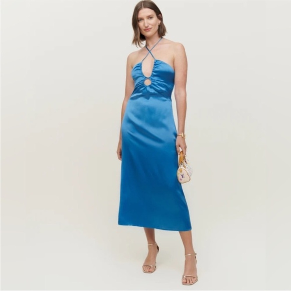 Reformation Antoni Silk Midi Keyhole Halter Dress